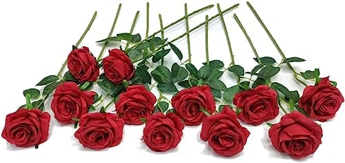 Laelfe 12 Pcs Rose Rosse Finte, Bouquet Fiori Finti di Rosa con Steli Lunghi, Rosa Finta per Decorazioni Composizioni di Nozze Casa Giardino Partito (Rosse)