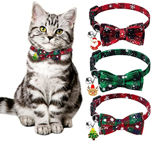 DTYDECLE 3 Stück Weihnachten Katzehalsband, weich verstellbar Weihnachten Schneeflocken Plaid Fliege Kragen mit Glocke Sicherheit Schnellverschluss für Xmas Kostüm von Kätzen und Hündchen