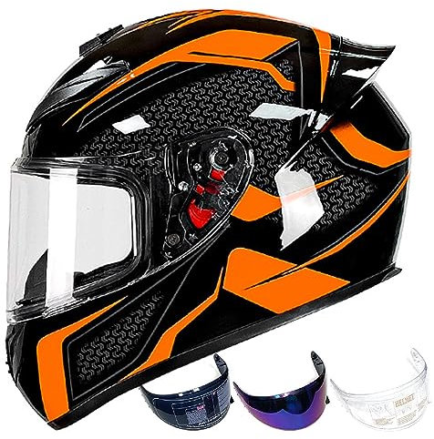 DXDRT Casque Intégral ATV Casque Adulte Street Bike Casque Léger Compatible Clear&Tinted Visières Casque Moto Dot/ECE Modèle Approuvé Racing Motocross Casques,Orange,L