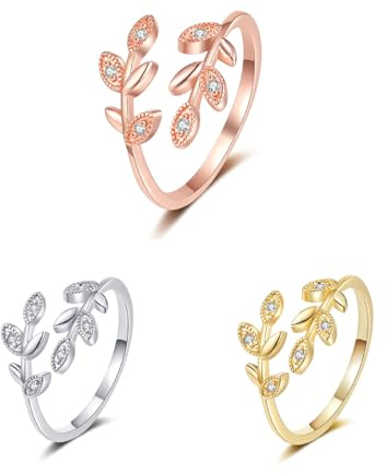 TOFBS 3 Stück Ring Damen Zweig Blatt Verstellbar Offener Silber Gold Rosegold Ringe Set Zirkonia Anxiety Eheringe Ringe Schmuck Geburtstag für Frauen Mutter Mädchen Schwester