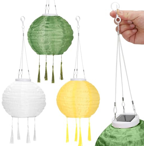 OVITEC Solar Lampion Boho Style 3er Set | grün gelb weiß| Party Deko | Vintage Style | Lampions außen wetterfest | Lichterkette für Garten oder Balkon Deko | Ø ca. 20 cm | Wetterfest mit LED