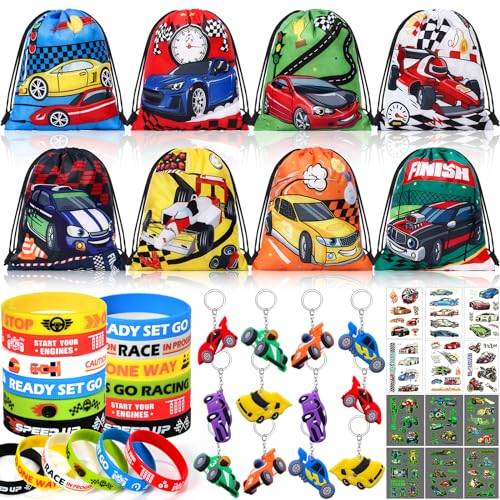 Rennauto Mitgebsel Kindergeburtstag Junge 48 Stück mit Kordelzugbeutel Silikonarmband Schlüsselanhänger Tattoo Aufkleber Rennautos Party Give Aways Gastgeschenke für Jungen Mädchen 6 7 8 9 10 Jahre