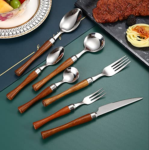 Juego de cubiertos de 84 piezas con mango de madera maciza, juego de cubiertos de acero inoxidable 304, juego de utensilios de cocina, pulido espejo, apto para lavavajillas, apto para 12 personas (84