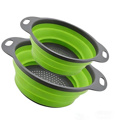 2 Pack Collapsible Silicone Colander with Handle, Over Sink Foldable Food Strainer, BPA-Free Space Saving Drain Basket for Vegetables, Fruits, Pasta, Kitchen & Camping (Green)