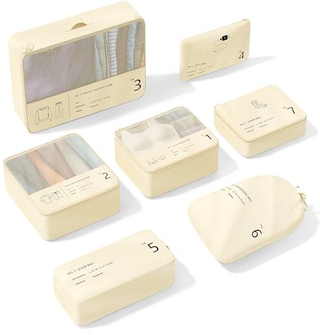 Koffer Organizer, Yomisee Packing Cubes 7 Teilige Koffer Organizer Set Packwürfel Set Reise Kleidertaschen Travel Organizer Packtaschen für Koffer (Beige)