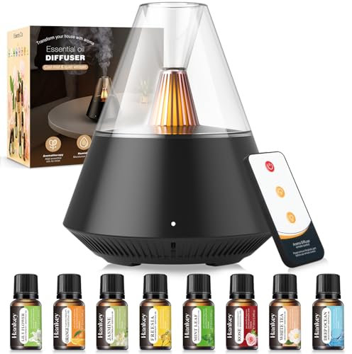 Essential Oil Diffuser Aromatherapy Diffuser with 8x10ml Essential Oils Air Fresh Aroma Scent Humidifier Diffuser with Waterless Auto-Off and LED Candle Light for Home,Bedroom,Office,Yoga Black