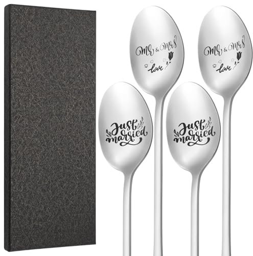 Huiguli 4Pcs Cuchara de Café Grabada, Mr & Mrs y Just Married, Cuchara de Amor de Acero Inoxidable con Caja de Regalo, 20 cm Cuchara de Helado de Mango Largo, Regalos de Boda para Novios Pareja