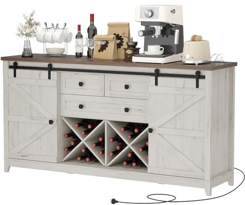 Lifewit Aparador Rustico de Cocina con Puertas Correderas Granero, Muebles Auxiliares Almacenaje con 2 Tomas de Corriente/2 Puertos USB, Armario Almacenamiento para Salón/Comedor/Recibidor, Blanco