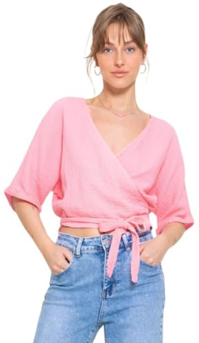 SASSYCLASSY Musselin Wickel Bluse Damen mit V-Ausschnitt - Sommer Oberteil zum Wickeln in Baumwolle - Größe S-L