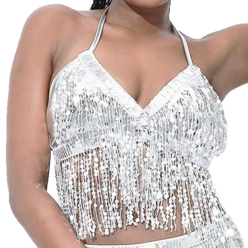 Unicra Damen Sparkly Pailletten Top Bauchtanz BH Quaste Fransen Glitter Bikini Crop Top Party Rave Outfits (DE/NL/SE/PL, Alphanumerisch, Einheitsgröße, Regular, Regular, Silber)