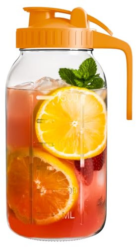 Glass Mason Jar Pitcher, 64 oz Wide Mouth Jug with Pour Spout Handle Lid for Cold Brew Coffee, Ice Beverage, Iced Juice, Lemonade, Sun Tea, Fruit Drinks Container（Orange）