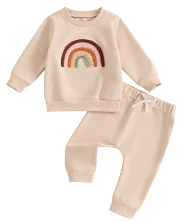 Xeadoffubio Bambino Neonato Ragazza Autunno Arcobaleno Stampato Due Pezzi Set Felpa Arcobaleno Ricamata Set Sportivo Manica Lunga Felpa Arcobaleno+pantaloni Elasticizzati (Beige-A, 18-24 Months)