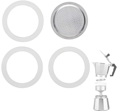 4 Pezzi Ricambi Include 3pzs Guarnizioni + 1pz Filtro in Alluminio Guarnizioni in Gomma Filtro Caffettiera Universale Filtro del Caffè Ricambio in Silicone Guarnizione Per Pentole Moka (6 Tazze)