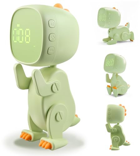 Digitaler Wecker Kinder Jungen Mädchen Dino Wecker Ohne Ticken Kinderwecker mit 3 Alarmes, Variabler Form, Schlummer, Nachtlicht Timer, 6 Weckmusik, Einstellbare Helligkeit & Lautstärke (Grün)