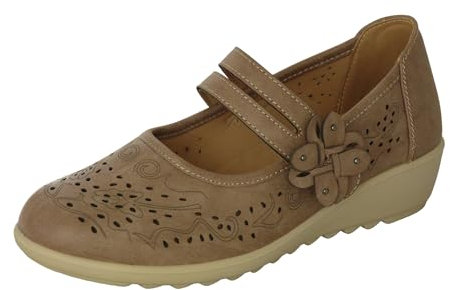 Cushion Walk EEE Extra-Wide Fit Women's Ladies Lightweight Faux Leather Mary Jane Low Wedge Bar Shoes (8 UK EEE, Beige)