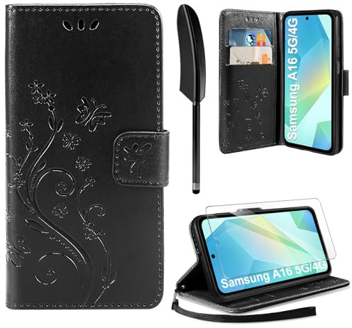 AROYI Lederhülle Kompatibel mit Samsung Galaxy A16 5G/4G Hülle und Schutzfolie, Flip Wallet Handyhülle PU Leder Case Kartensteckplätzen Schutzhülle Kompatibel mit Samsung Galaxy A16 5G Schwarz