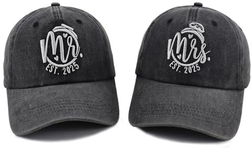 2 passende Baseballmützen mit Aufschrift Mr and Mrs EST 2025, für Paare, verstellbare Baumwolle, Vintage-Stickerei, Schwarz, Einheitsgröße