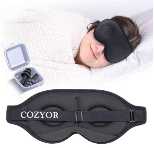 Cozyor Schlafmaske mit 3D Polster 100% dunkel für Seitenschläfer mit Silkon Ohrstöpseln Augenmaske weich für Flugzeug, anthrazit, Schlafbrille mit verstellbarem Gummiband für Erwachsene & Kinder