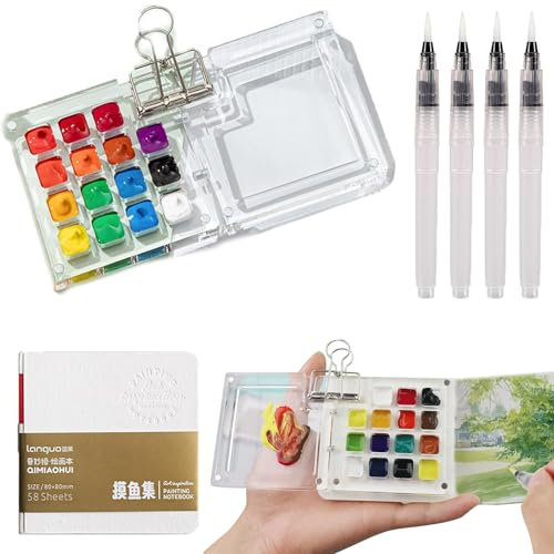 Mini palette de peinture acrylique à 15 compartiments, kit de palette de peinture aquarelle miniature, trousse de voyage pour artiste aquarelle de poche avec pinceau, clip, carnet de croquis (sans