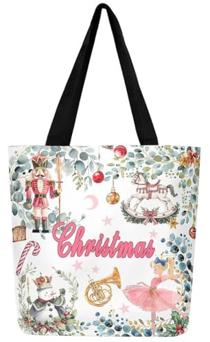Homewish Nutcracker Ballet Canvas Tote Bag for Women, Christmas Winter Snowman Tote Bag Xmas Gifts, Ballerina Princess Tote Bags with Pocket