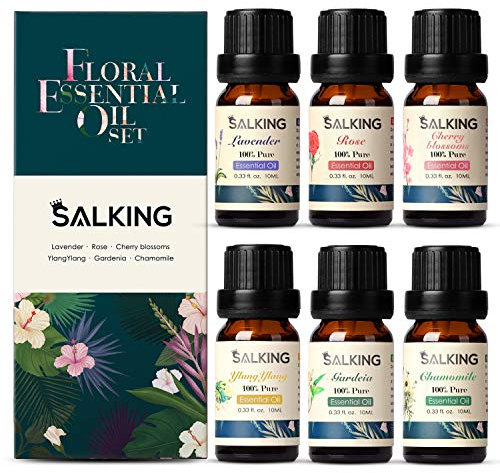 SALKING Lot d'huiles essentielles d'aromathérapie - 100% Huiles parfumées pour diffuseur - Humidificateur - Massage - 6 x 10 ml (lavande, rose, fleur de cerisier, ylang-ylang, gardénia