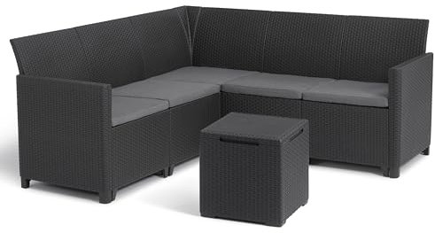 Keter Nora - Ecksofa für Garten oder Terrasse, 5-Sitzer, mit Kissen und Beistelltisch mit 35 l Stauraum, Farbe Graphit