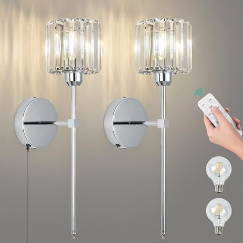 EIDEARAY Battery Operated Wall Sconce with Remote and Dimmable,10000mAh Large Battery Operated,Silver Crystal Wireless Wall Lights for Living Room Bedroom Bedside(2 Pack)
