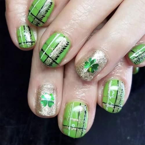 St. Patrick's Day False Nails Short, SXVME Glitter Green French Press On Nails Short Square with Clover Checker Desgin Acrylic Fake Nails Press ons Green Stick on Nails For Women 24 Pcs