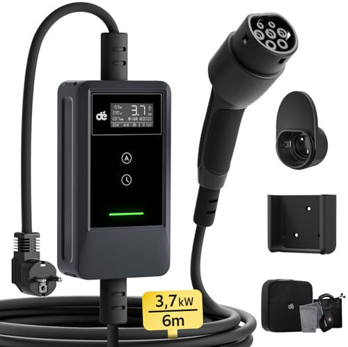 dé Chargeur Voiture Electrique 3,7kW 6m [0,85m+5,15m, 6A-16A] Cable Recharge Voiture Electrique Type 2 avec Support Mural, Numérique LCD, Compatible avec Model Y, E-208, 500e et Autres EV/PHEV