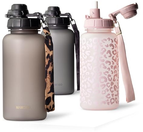 MAMEIDO Trinkflasche 1 l mit Strohhalm & Zeitmarkierung als Trinkerinnerung, Wasserflasche auslaufsicher, Sportflasche BPA-frei, Gym Water Bottle, Flasche aus Tritan (Urban Taupe)