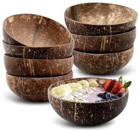 TESIN 8er Set Kokosnus Sschalen, 15oz polierte Kokosschalen im Bulk, Natürliche Smoothie-Holzschalen & Salatschalen für vegane Geschenke und Küchendekoration