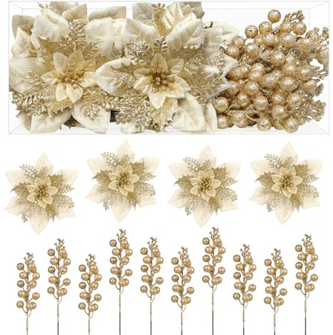 Alupssuc 24 pezzi di bastoncini di Natale glitterati, 12 fiori di Natale artificiali e 12 rami decorativi con bacche per decorazioni per alberi di Natale, ornamenti e ghirlande natalizie, oro