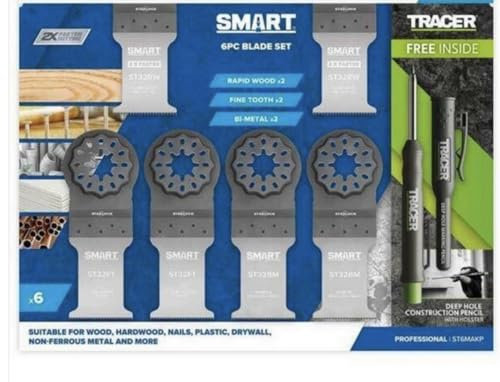 Smart 6-Piece Multi-Tool Blade Set, Rapid Wood, Fine Tooth, Bi-Metal Blades with Free Tracer Pencil