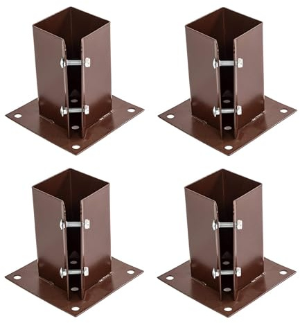ADEPTNA Pack of 4 Heavy Duty Bolt Down Fence Post Shoe 75 x 75mm, Powder Coated Steel Strong Post Holder with Mounting Holes, and Clamping Bolts for Secure Installation