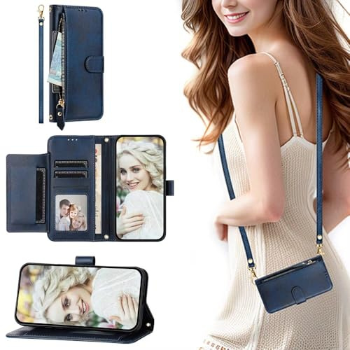 SEHEYA Handyhülle für Samsung Galaxy A13 4G Klapphülle Vintage mit Reißverschluss Handytasche zum Umhängen PU Leder Klappbar Geldbörse Trageband Schutzhülle, Marineblau