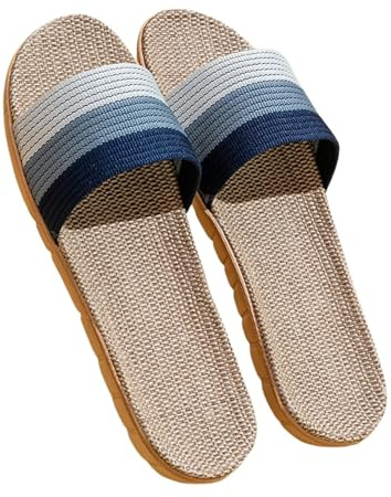 YYDPYZBD Sandales pour Femmes Pantoufles en Lin Toutes Les Saisons Ménage À Semelle Épaisse Paille De Rattan Tissé Hommes Et Femmes-Bleu-Taille 44-45 (Convient 43 44)