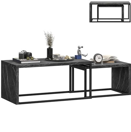 HOMCOM Nesting Coffee Table Set of 2, Industrial Stacking Side End Tables with Metal Frame for Living Room, Bedroom, Dark Grey Marble Effect