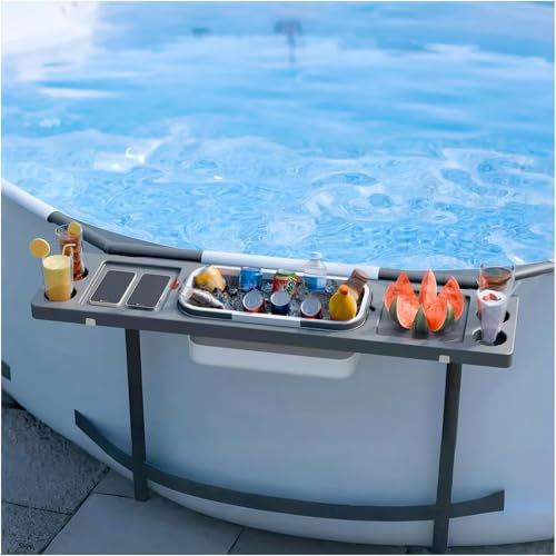 ECO POOLTECH 3 in 1 Klappbarer Pooltisch, tragbarer oberirdischer Poolbar-Getränkehalter mit Pooleimer als Poolkühler, Swimup-Bar für Rahmenpool/Terrasse, muss Poolzubehör haben