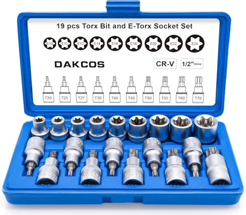 DAKCOS Lot de 19 PC Jeu de douilles 1/2 Torx d'embouts T20-T70 et douilles étoile E10-E24