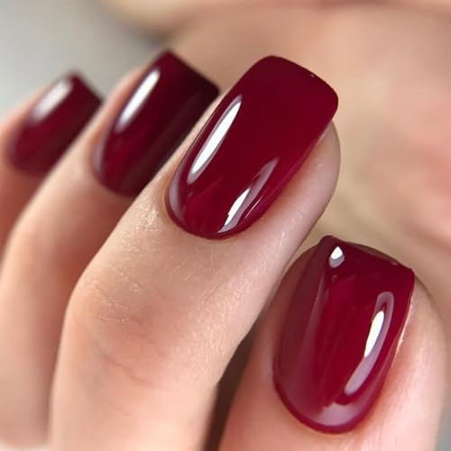24Pcs Wine Red False Nails - Red Press on Nails - Short Square Fake Nails with Glue - 12sizes Glossy Full Cover Natural Burgundy French Tip for Women Girls Daily Wear