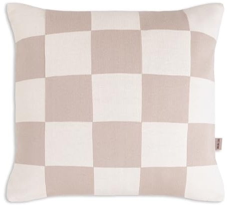 KNIT FACTORY - Caro Kissen - Ecru/Leinen - 50x50 cm | Sofakissen mit Füllung und Bezug - Couchkissen - Zierkissen - Dekokissen - Kissen aus Baumwolle - Karomuster