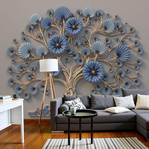 JEDTAKCT Papier Peint Panoramique Fleurs Élégantes Arbres Reliefs, Papier Peint Plantes Nordiques Or Bleu 300X210Cm, Tableaux Poster Photo Décoration Murale, Fond Tv Décoration Murale Salon Chambre