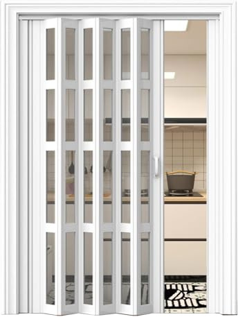 Porta pieghevole in PVC con texture effetto legno, porta interna bianca/porta a soffietto multi-pieghevole, porta finestra trasparente per doccia, bagno, seminterrato (64x80 pollici (162,6x203 cm))