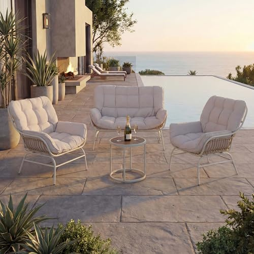 Mendler Lounge-Set HWC-P75 Stoff - hellgrau, Polster beige | Gartengarnitur, Sofa, Sitzgruppe, 220g/m², Poly-Rattan, Metall