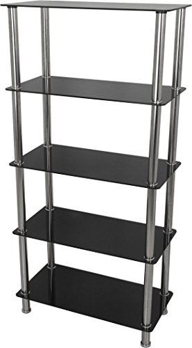AVF S25 Tall Shelving Unit - 5 Tier Black Safety Glass Shelves with Chrome Legs, Storage Unit, Display Shelving, 5kg Max Shelf Weight