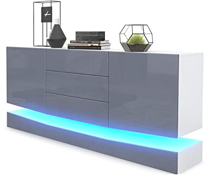 Vladon Sideboard City, Made in Germany, Weiß matt/Grau Hochglanz inkl. LED - Moderne Kommode für Ihr Wohnbereich (178 x 72 x 38 cm)