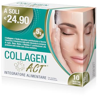 Collagen Act, Integratore Alimentare con Collagene e Acido Ialuronico, per l'Elasticità della Pelle, la Riduzione e la Minore Comparsa delle Rughe - Confezione da 10 Bustine