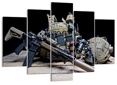 Mehrteilige Bilder auf Leinwand 150x100cm Leinwandbild Militaria Gewehr Groß XXL Wanddeko Bild Schlafzimmer Set 5 teilige Wandbilder Dekoration Wohnzimmer Canvas Wand Kunstdruck Art EA150x100-3889