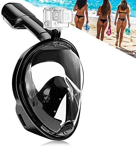 HINATAA Máscara de Buceo, 180°Panorámica Máscara de Snorkel de Cara, Anti-vaho Anti-Fuga,con Tapones con Tapones para los oídos Impermeables,GoPro Mount Easy Breathe para Adultos,Niños (Negro, L/XL)