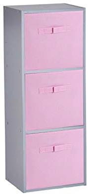 URBNLIVING Wooden Bookcase Grey 3 Tier + 3 Light Pink Drawer